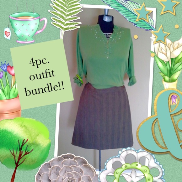 Dresses & Skirts - 4pcOutfit bundl!Green top,Brwn pencil skrt,&jewlr